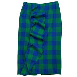 TOV Ruffle Plaid Skirts 40 US/M Blue Green Pencil Straight Midi